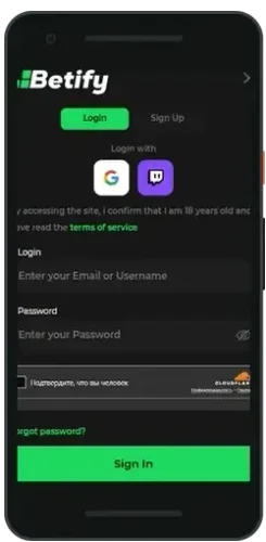 Lobby mobile de Betify